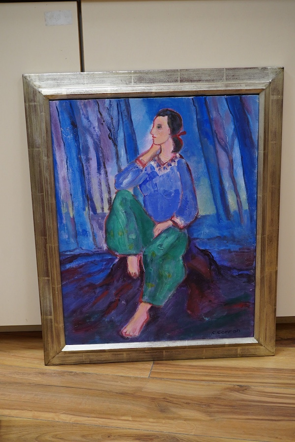 Caroline Conran (b.1939), two oils, 'Why do women always want too much?', signed, inscribed verso and Study of a seated woman, signed, 30 x 25cm. Condition - good